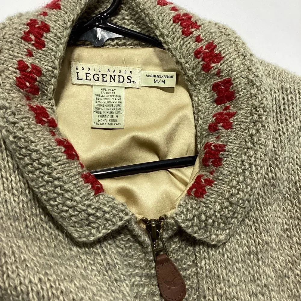 Vintage Eddie Bauer Legends Wool Cardigan Sweater Zip Front Ski Design Medium